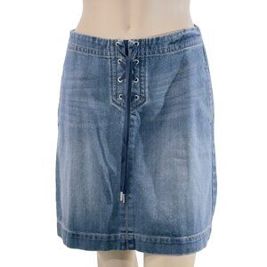 ANN TAYLOR LOFT Women's Denim Skirt Blue Cotton Lace-Up Front Zip Back Size 2